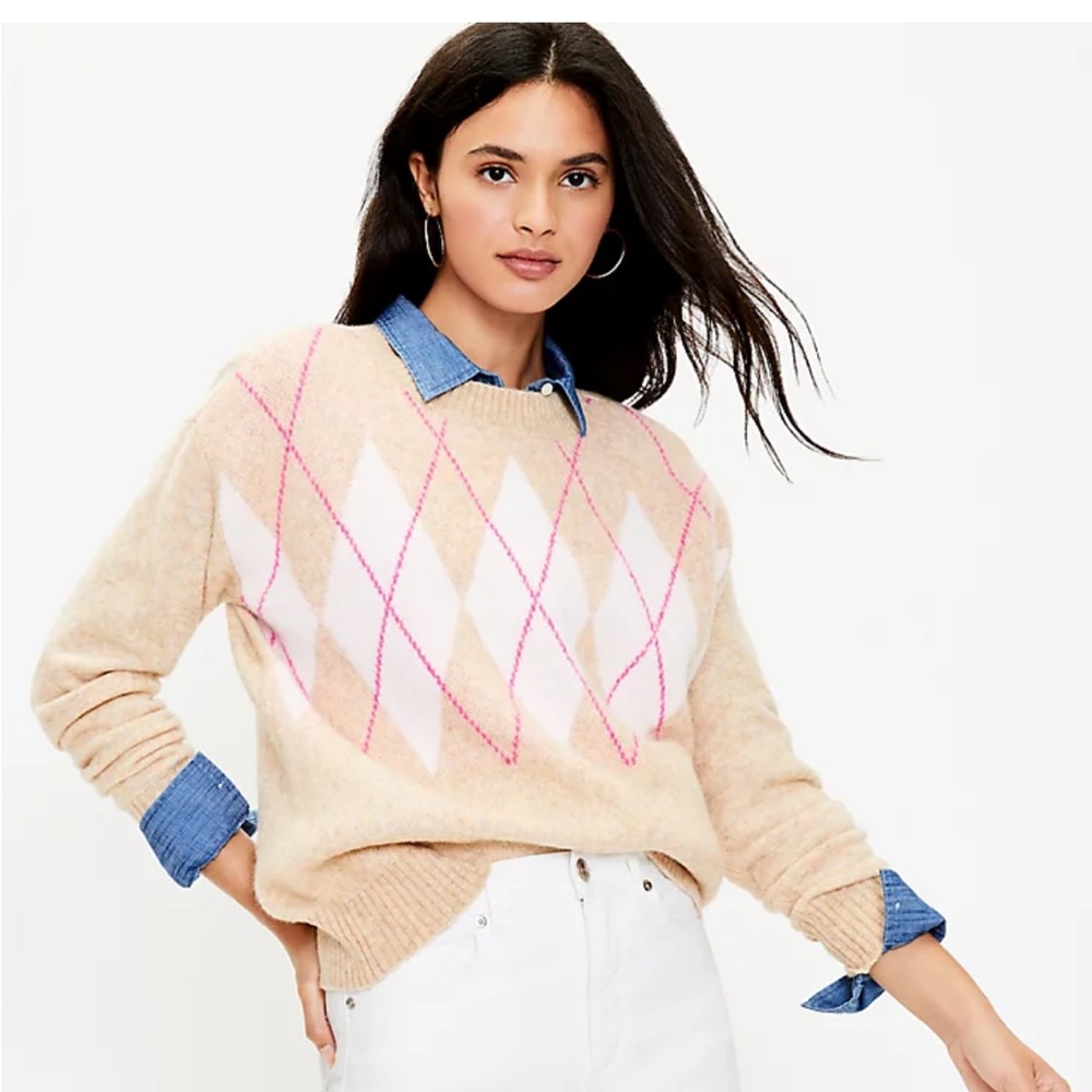 LOFT Crewneck Soft Knit Argyle Long Sleeve Sweater Size S